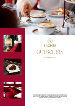 Sacher Gutschein: Kaffee und Frühstück im Café Sacher; Collage zeigt Samtsitze, Kronleuchter und Sachertorte mit Sahne.