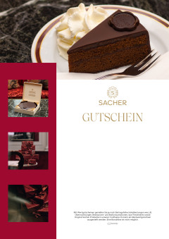 Sacher-Gutschein mit Stück Original Sacher-Torte, Schlagobers, Marmortisch und edler Verpackung