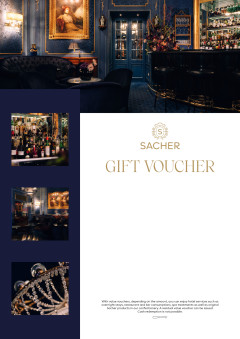 Sacher gift voucher with dark blue and gold design, luxury hotel interiors including bar, lounge, and chandelier