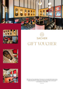 Sacher voucher with red background, elegant café interiors, gold 'GUTSCHEIN' text, and luxury ambiance