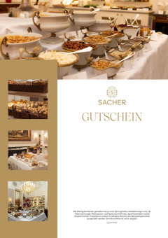 Sacher-Gutschein mit Buffet-Tisch, Gourmetgerichten, eleganten Speisebereichen und goldenem 'GUTSCHEIN'-Text