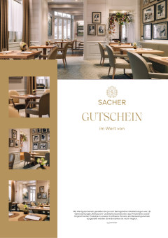 Sacher Gutschein mit eleganter Restaurantkulisse im Hotel Sacher Salzburg in warmen Beigetönen.