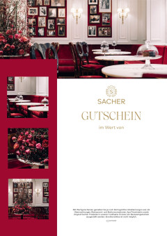 Sacher Gutschein mit Fotos des Café Sacher Salzburg und edlem rot-goldenem Design.